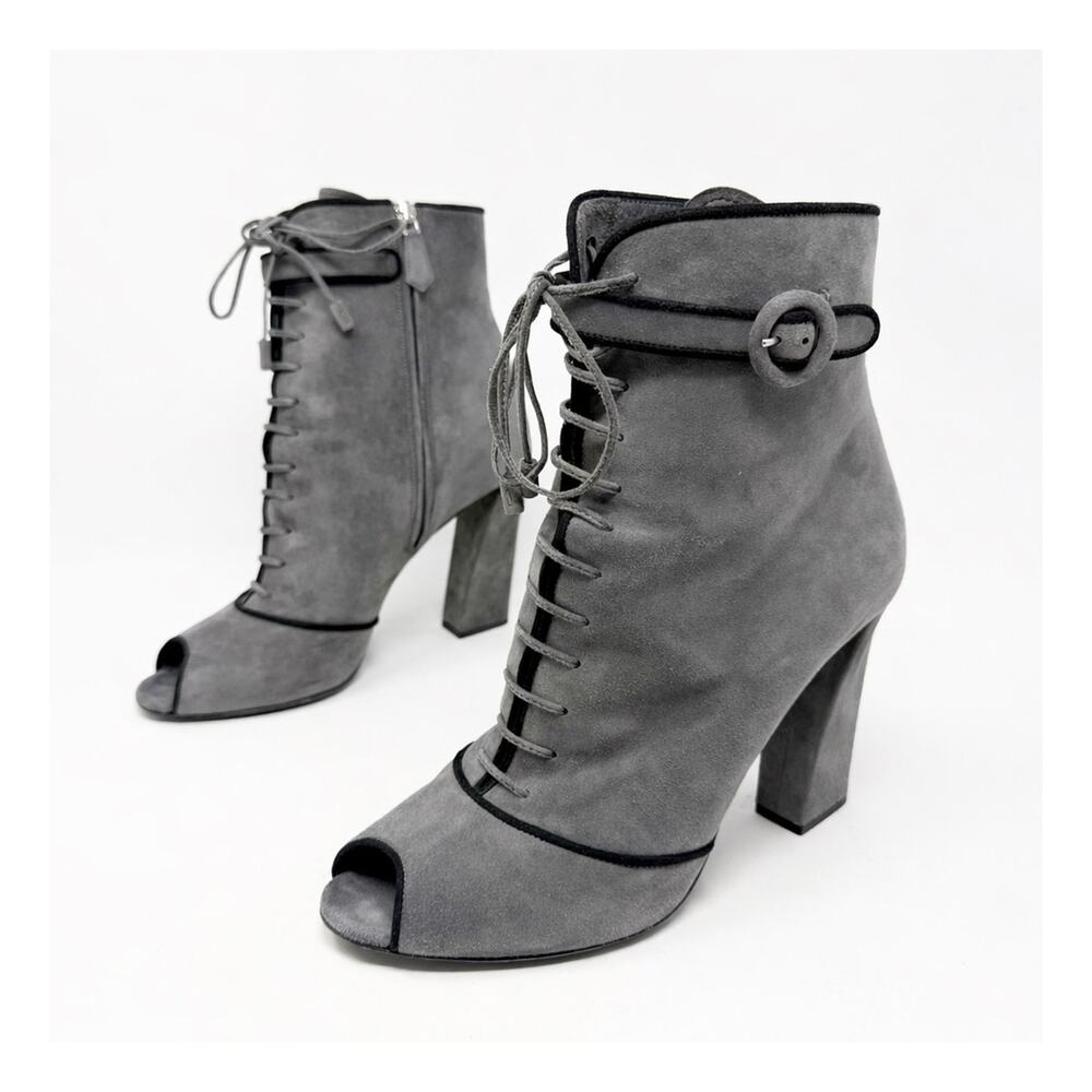 Prada Suede Peep Toe Lace Up Block Heel Boots Womens Size EU 40